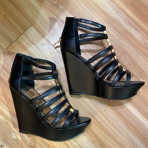 Charlotte Russe Faux Leather Black Multi-Strap Wedge Pumps